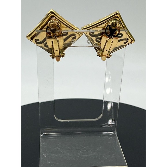 Swarovski Vintage Swan Square Gold Tone Rhinestone Clip On Earrings - Picture 11 of 16